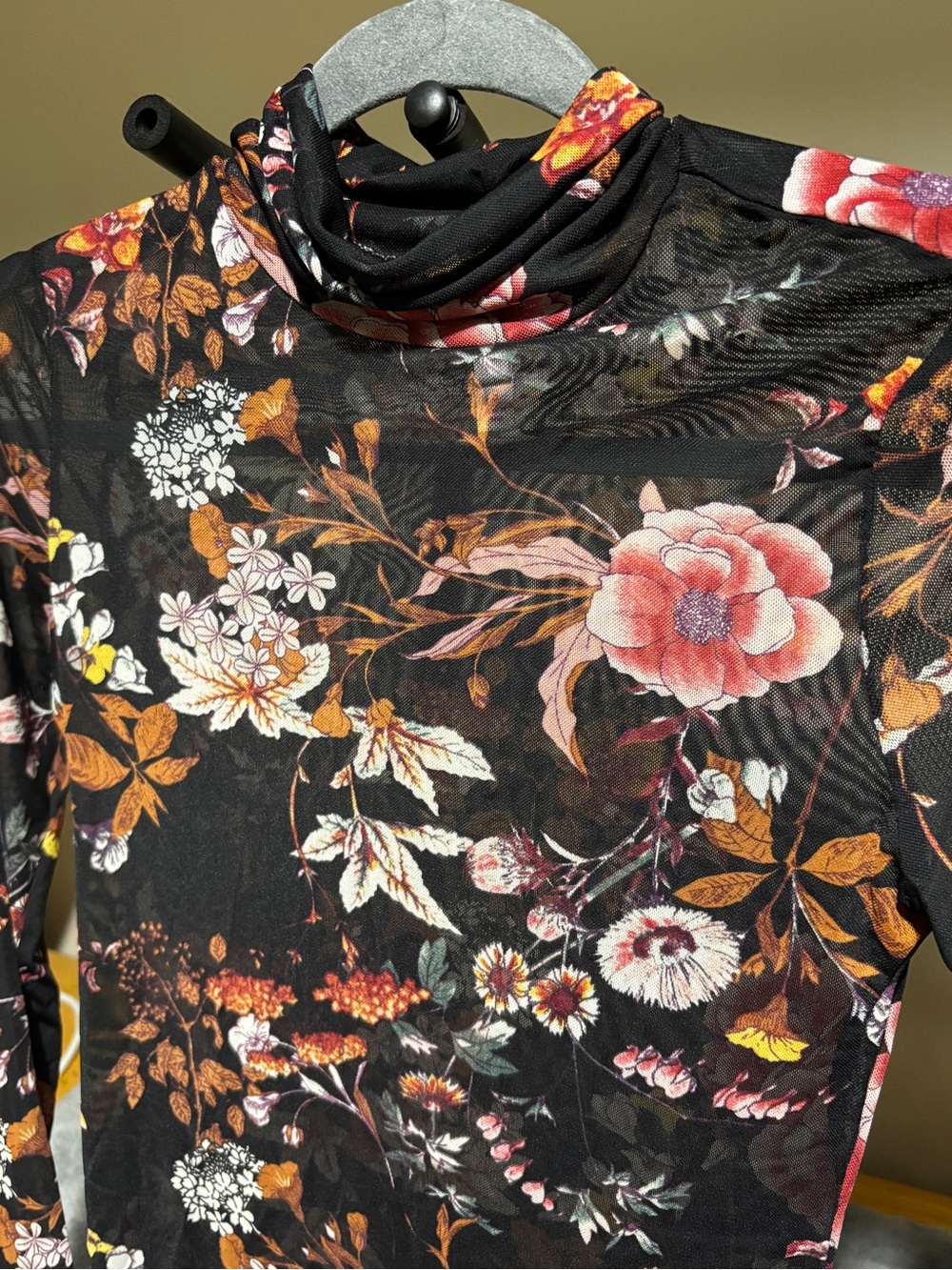 Xhilaration Black Floral Mesh Long-Sleeve Turtleneck